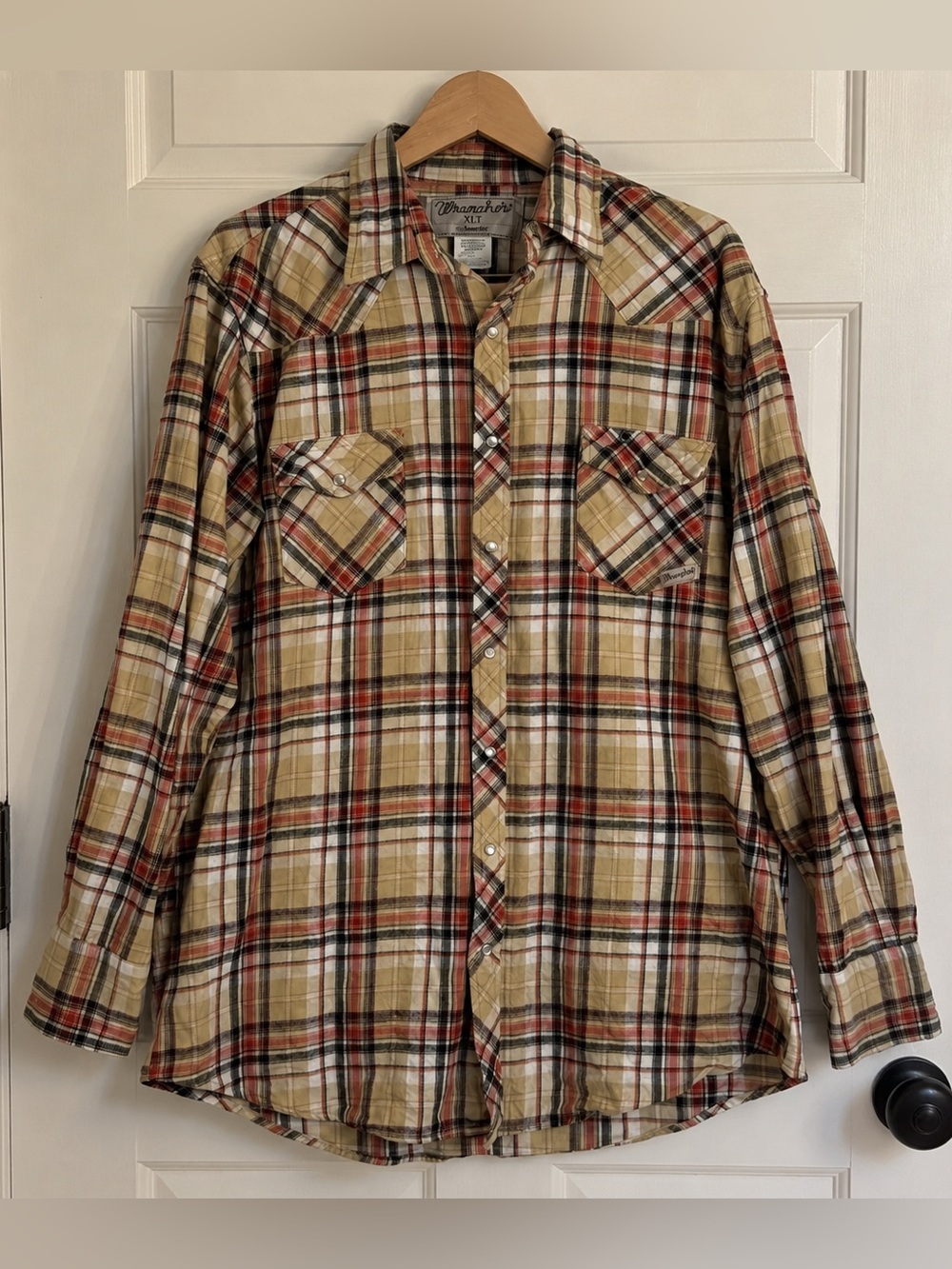 Wrangler Wrancher Western Plaid Flannel Pearl Snap Shirt XLT Tall 100% Cotton